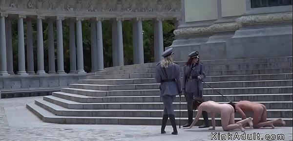  Gorgeous pet slaves naked disgraced in public